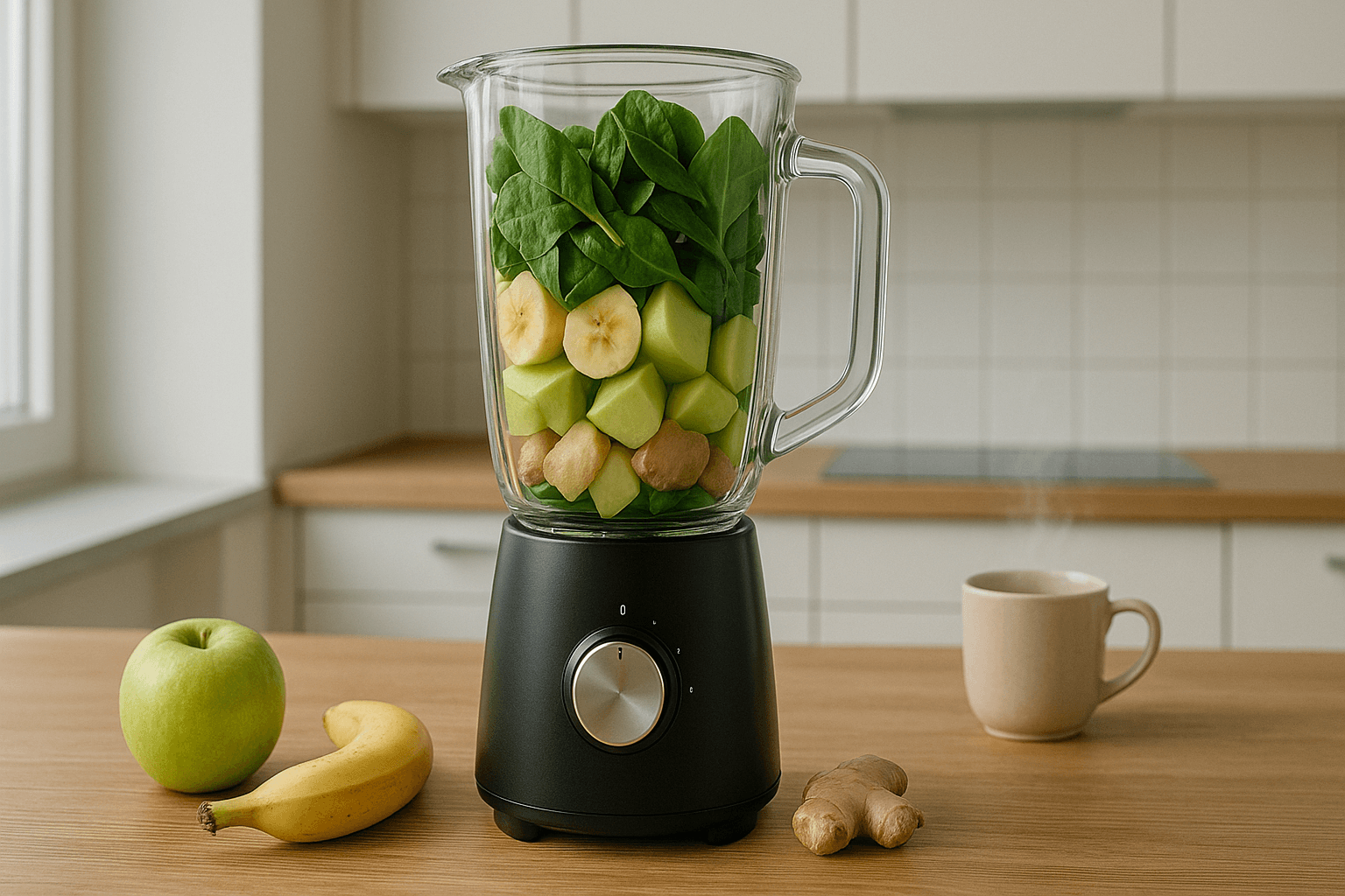 Mixer für Smoothies: Hochwertiger Standmixer mit grünen Smoothie-Zutaten auf einer Küchenarbeitsfläche