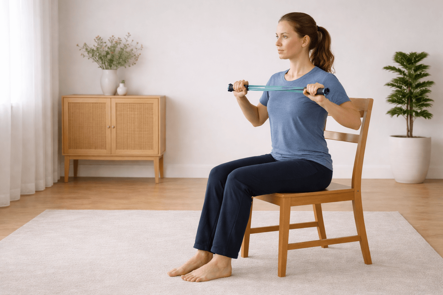 Oberkörpertraining ohne Beine im Sitzen mit Widerstandsband bei Fußverletzung