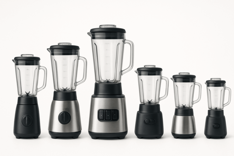 Sieben verschiedene Smoothie-Mixer im Größenvergleich auf weißem Hintergrund