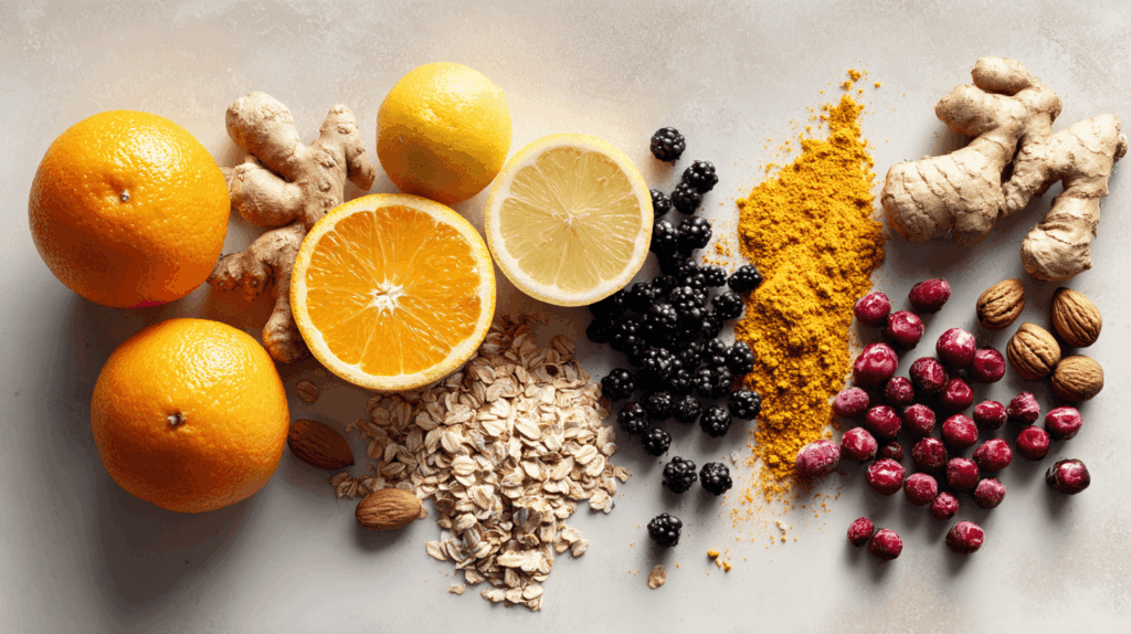 Vitaldrinks-Zutaten: Zitrusfrüchte, Ingwer, Kurkuma und Beeren als Winter-Zutaten für Vitaldrinks