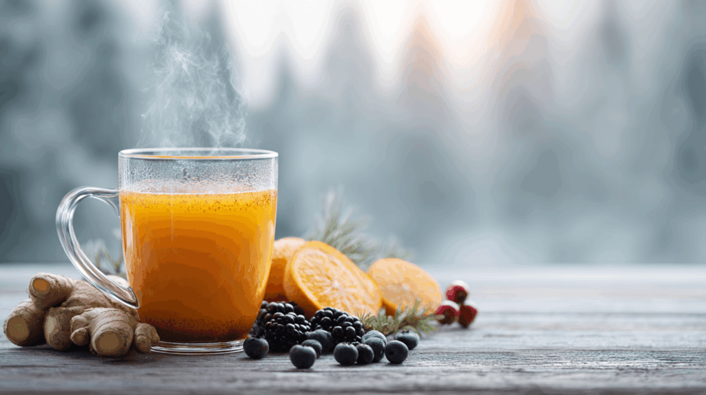 Vrouw met drankje in sneeuwlandschap.