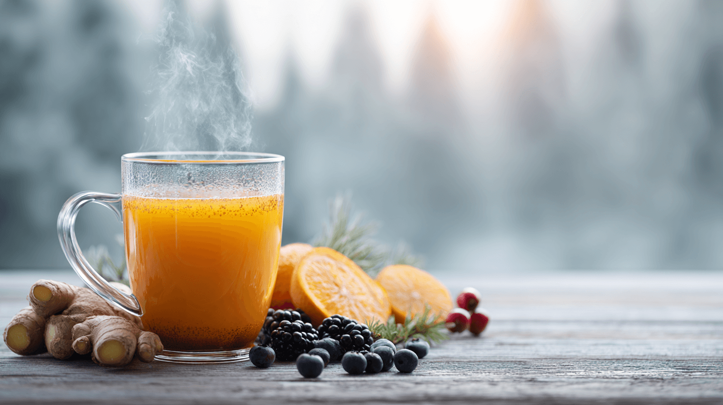 Vrouw met drankje in sneeuwlandschap.