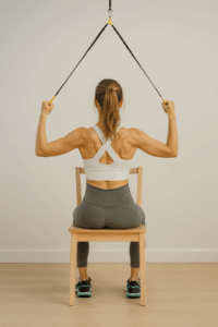 Lat-Zug mit Widerstandsband im Sitzen auf einem Stuhl ohne Fußbelastung