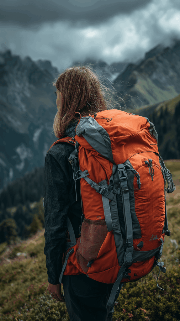 Vrouw met oranje rugzak in bergen
