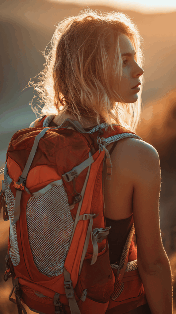 Vrouw met oranje rugzak in natuur