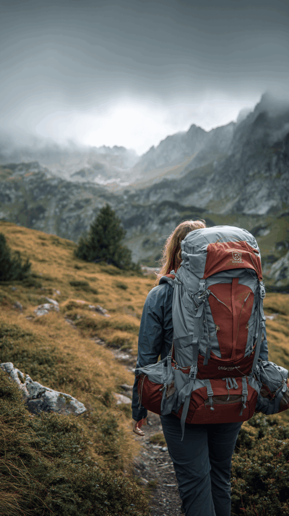 Vrouw met rugzak in bergen