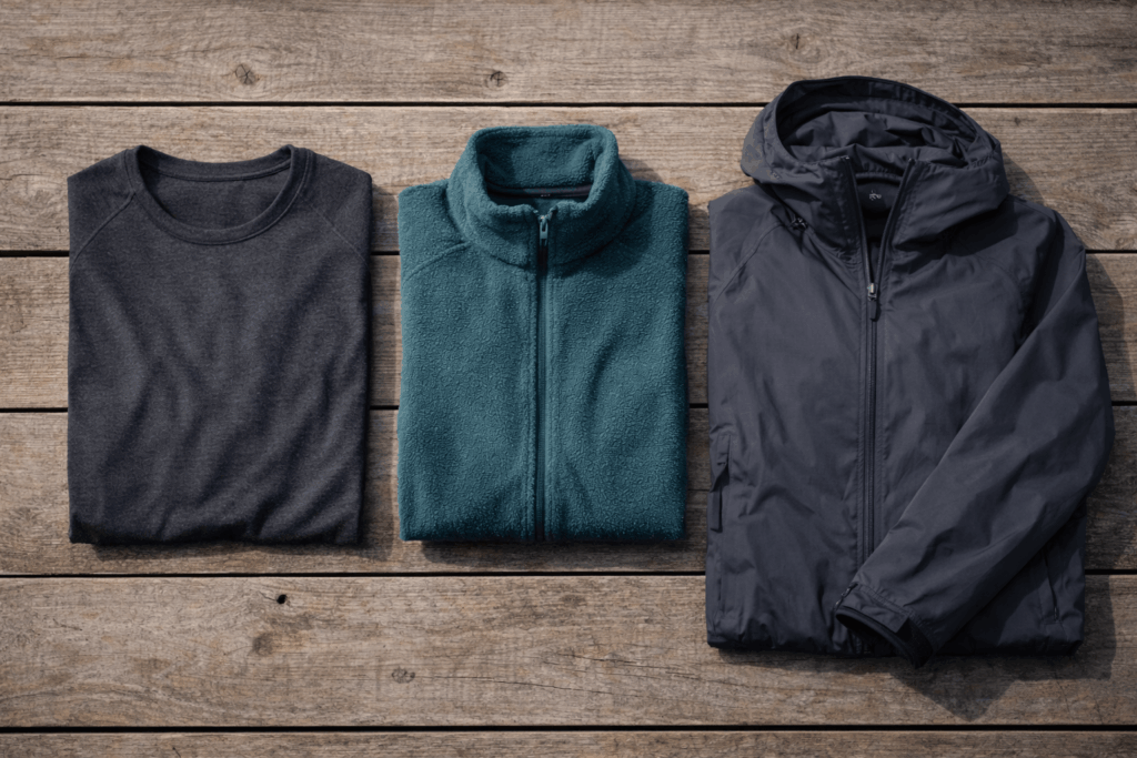 Base Layer, Mid Layer und Hardshell als flach ausgelegte Outdoor-Schichten