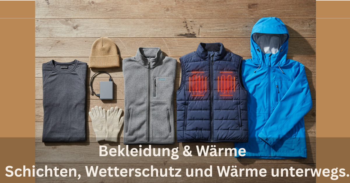Outdoor-Bekleidung im Schichtsystem mit Baselayer, Fleece, Regenjacke, Mütze und Handschuhen auf Holzuntergrund