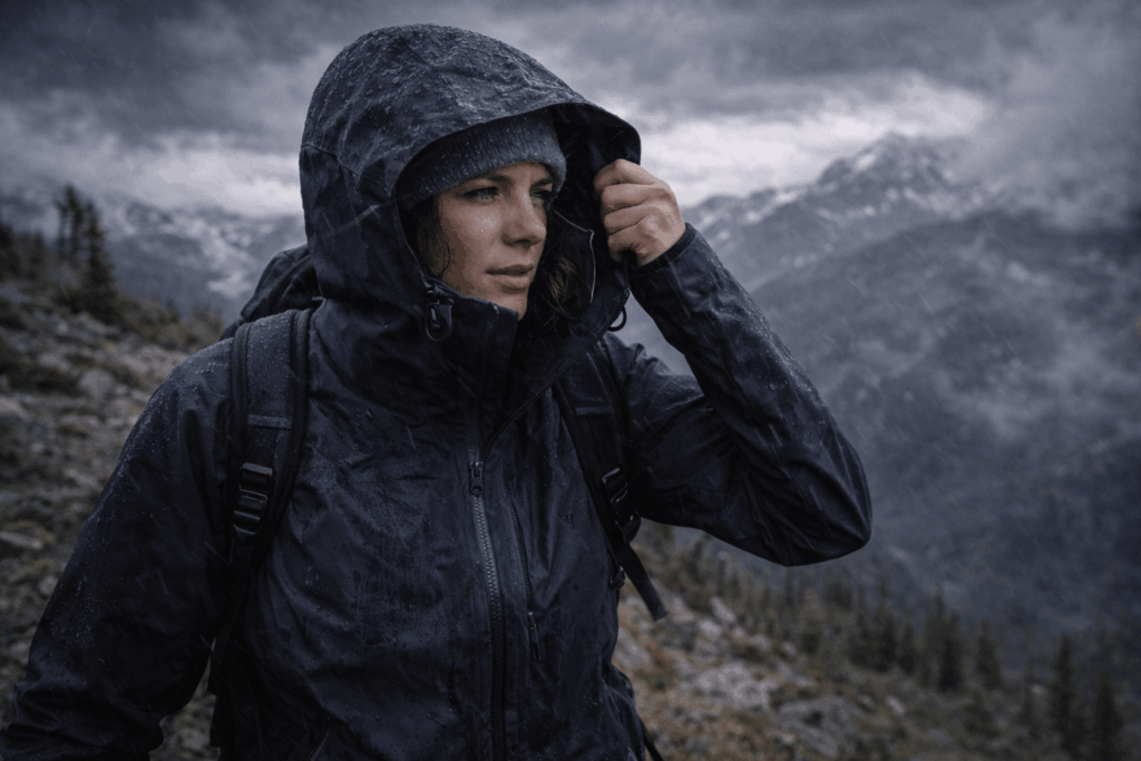 Wanderin mit robuster Hardshell bei starkem Wind und Regen im alpinen Gelände
