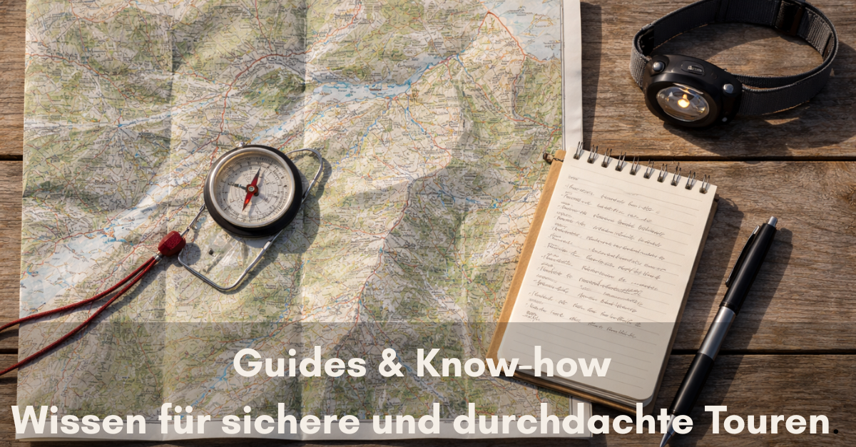 Wanderkarte mit Kompass, Trekking-guides: Notizbuch und Stirnlampe zur Planung einer Trekkingtour