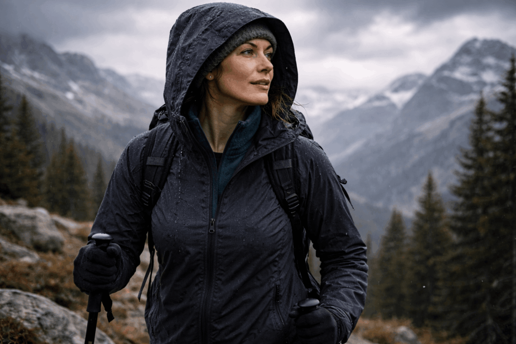 Hardshelljacke im Regen beim Wandern in den Bergen
