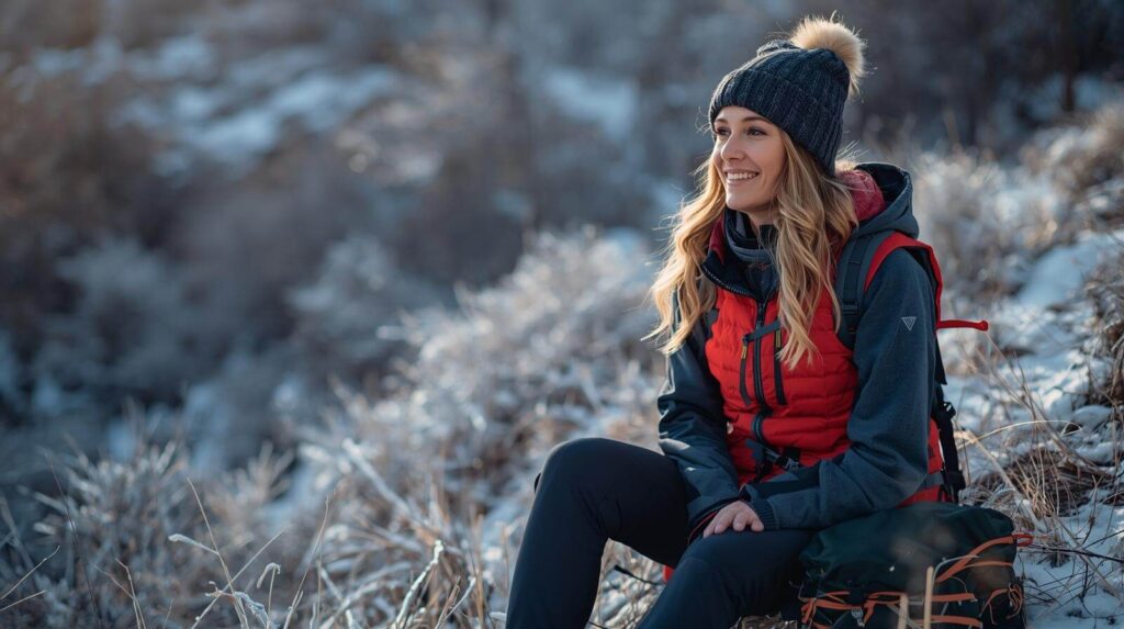 Wanderer nutzt Heizweste bei Pause im Winter