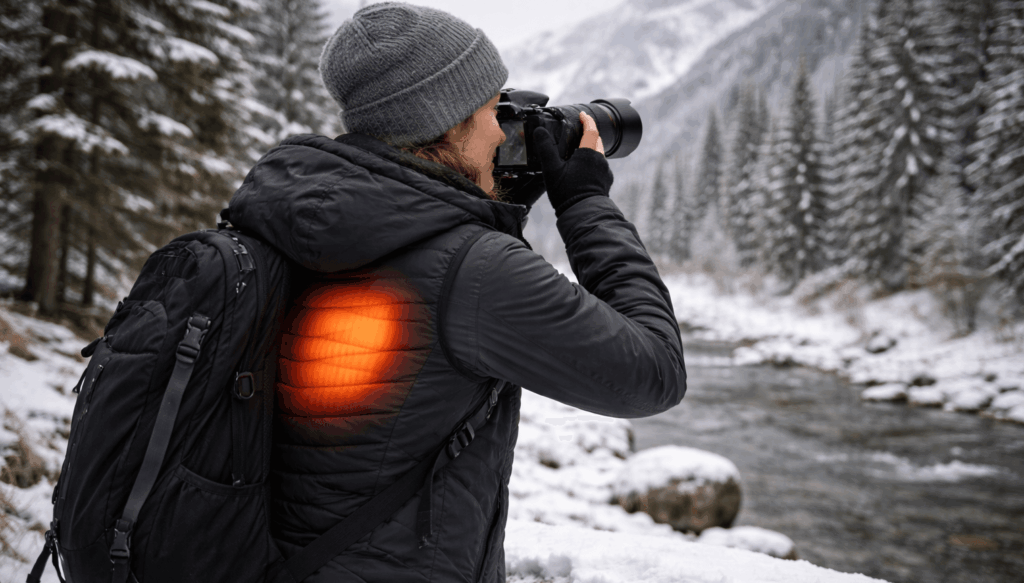 Heizweste beim Fotografieren der Winterlandschaft