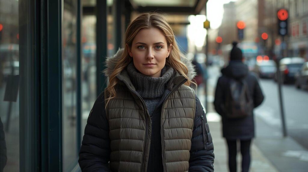 Person trägt Heizweste im Alltag an kaltem Wintertag