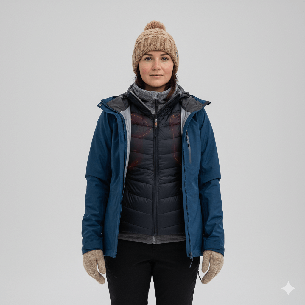 Heizweste als Midlayer zwischen Funktionsshirt und Jacke