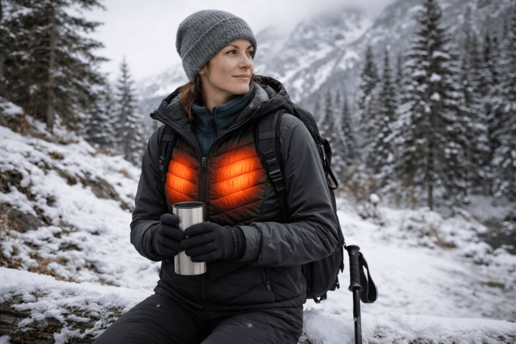 Vrouw in verwarmde jas in sneeuw.