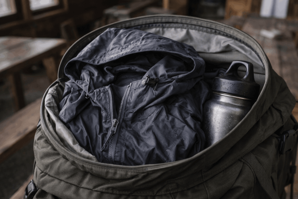 Zusammengerollte Regenjacke mit sichtbarer Kapuze und Frontreißverschluss im Rucksack