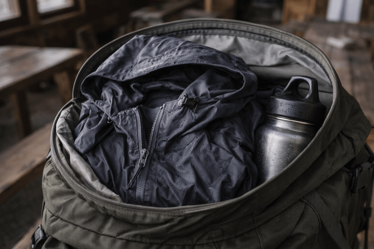 Zusammengerollte Regenjacke mit sichtbarer Kapuze und Frontreißverschluss im Rucksack