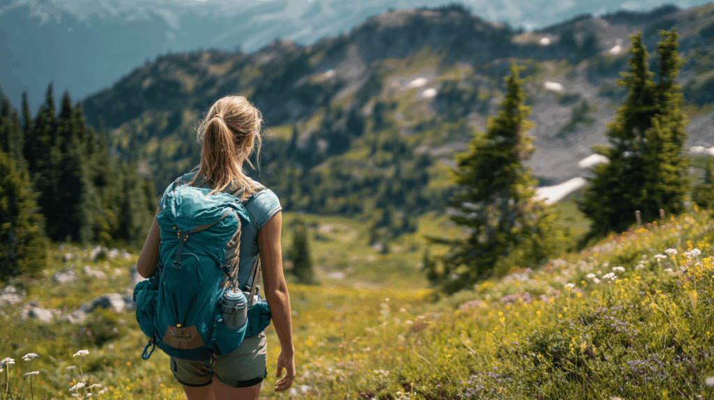 Sommer Layering mit leichtem Funktionsshirt und Regenjacke im Rucksack