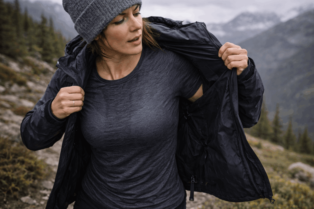 Wanderin mit feuchter Basisschicht unter Regenjacke beim Aufstieg