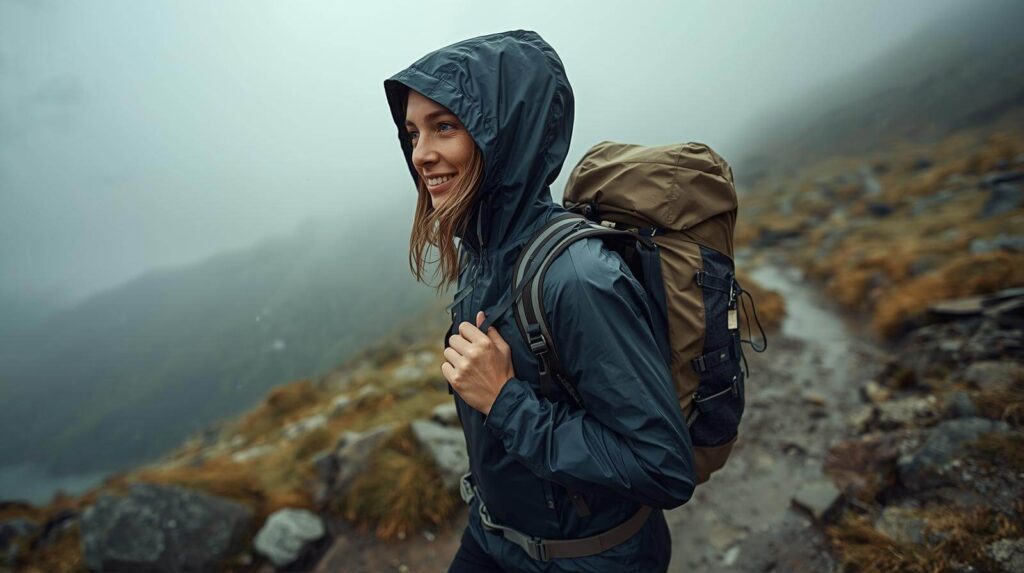 Wanderin mit Regenjacke im leichten Regen auf Bergpfad