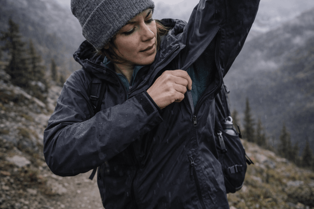 Wanderin öffnet Unterarm-Reißverschluss an Regenjacke beim Aufstieg