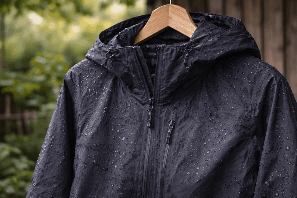 Regenjacke hängt zum Trocknen nach dem Waschen draußen