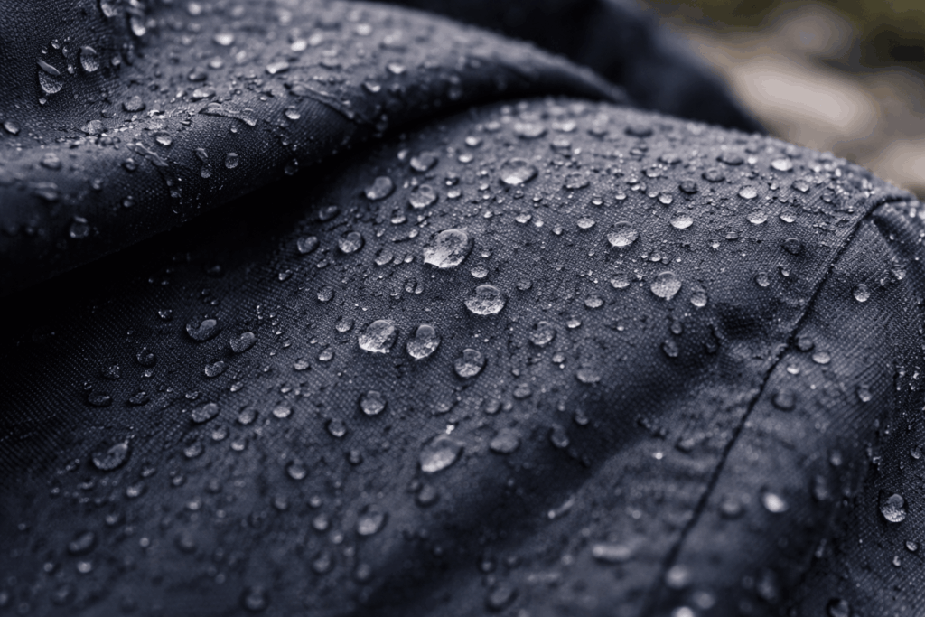 Wassertropfen perlen auf Regenjackenstoff ab