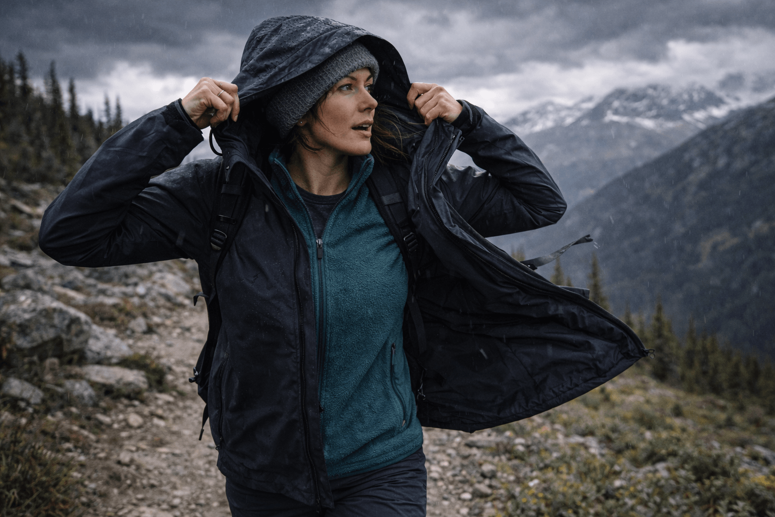 Wanderin zieht auf Bergpfad bei einsetzendem Regen ihre Regenjacke an