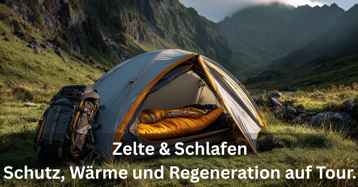 Trekkingzelt mit Schlafsack und Isomatte in alpiner Landschaft bei Tageslicht