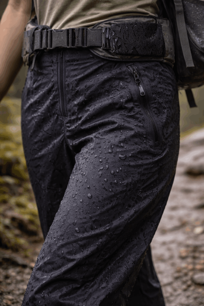 Wasser perlt auf wasserdichter Hardshell Regenhose ab
