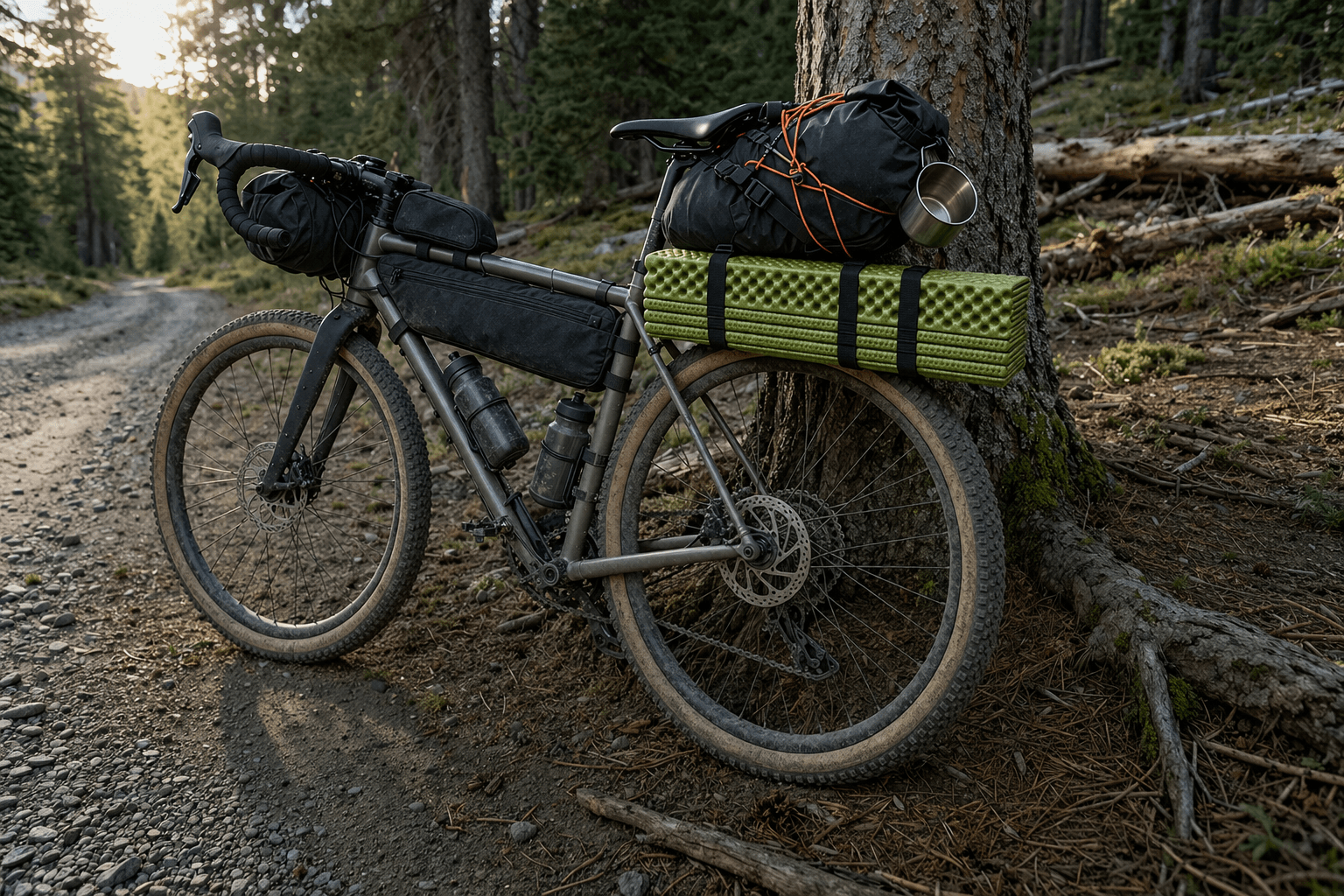 Kompakte Isomatte am Fahrrad beim Bikepacking