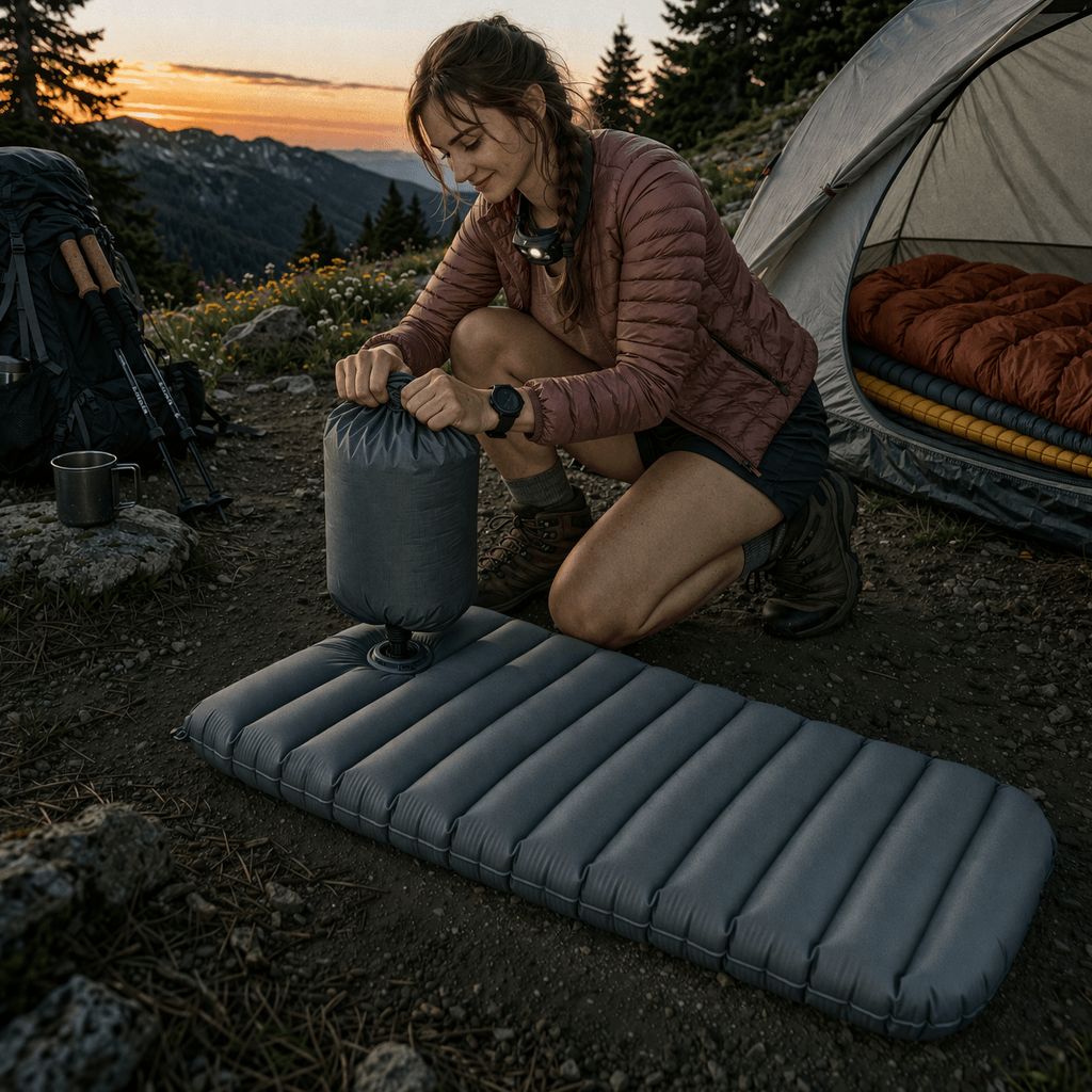 Isomatte wird mit Pumpsack aufgeblasen im Outdoor-Einsatz