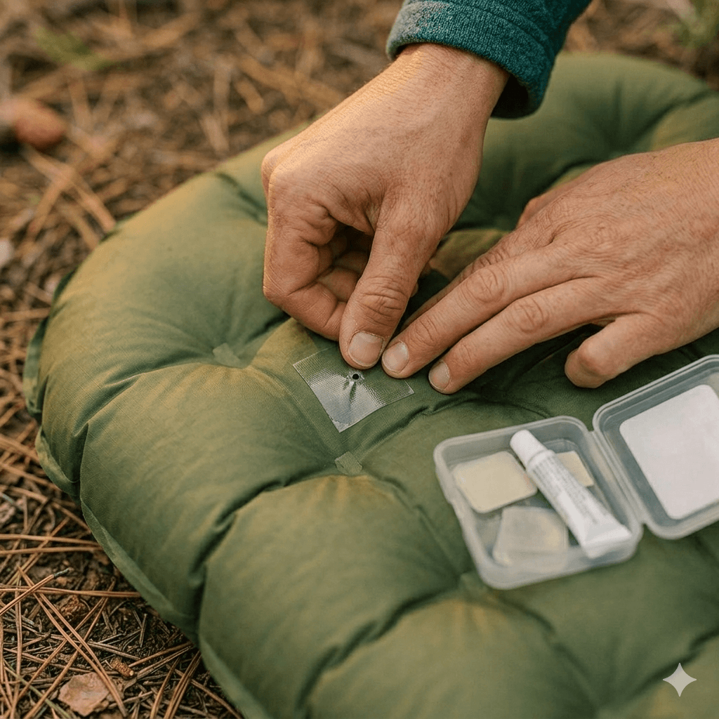Reparatur einer Isomatte mit Patch-Kit im Outdoor-Bereich