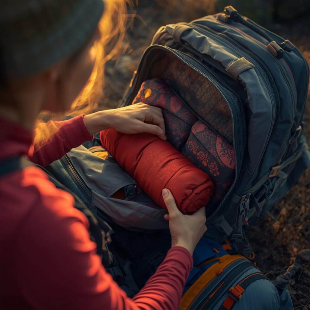 Kleine Isomatte wird in Trekkingrucksack verstaut