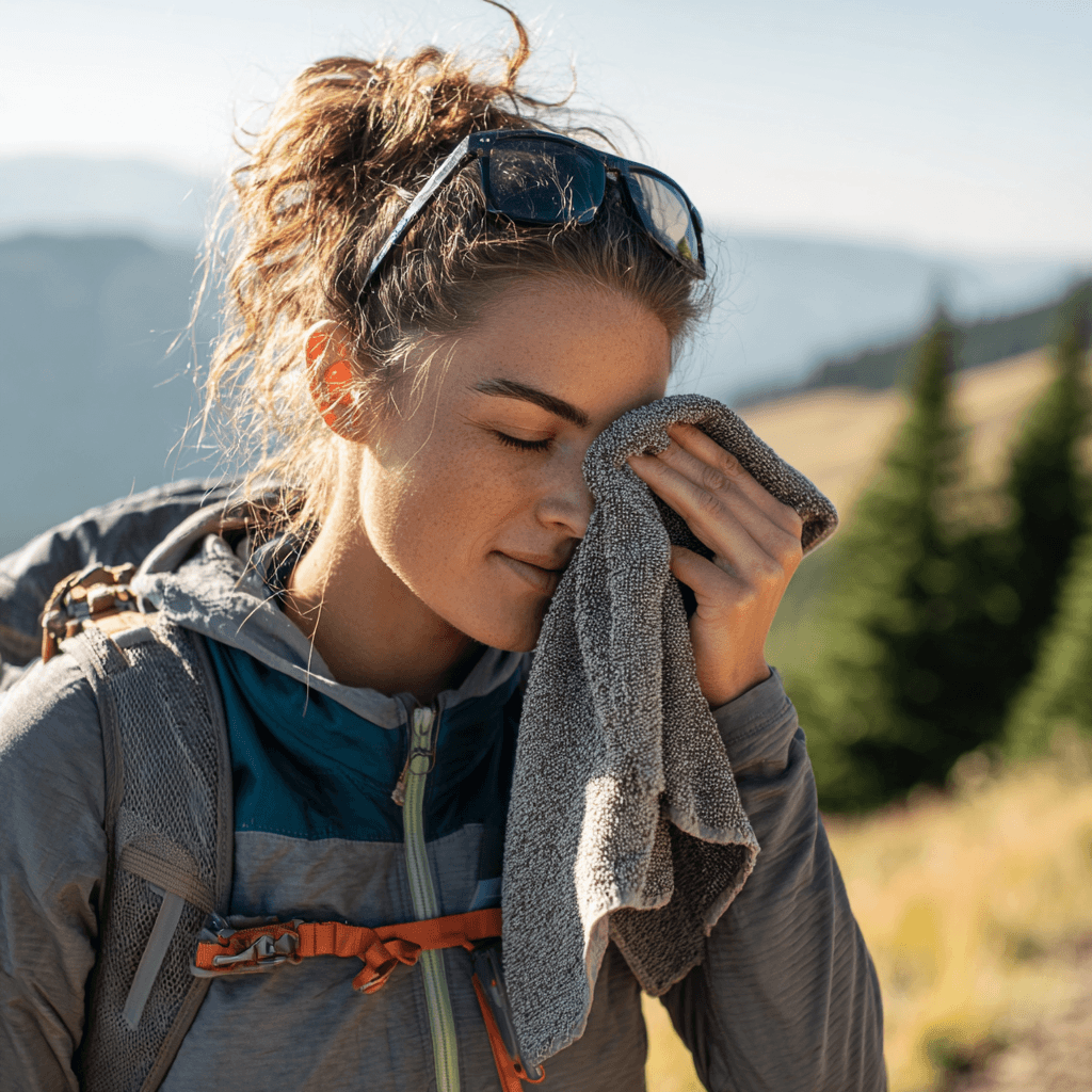 Wanderin nutzt leichtes Mikrofaser-Handtuch zum Abtrocknen unterwegs