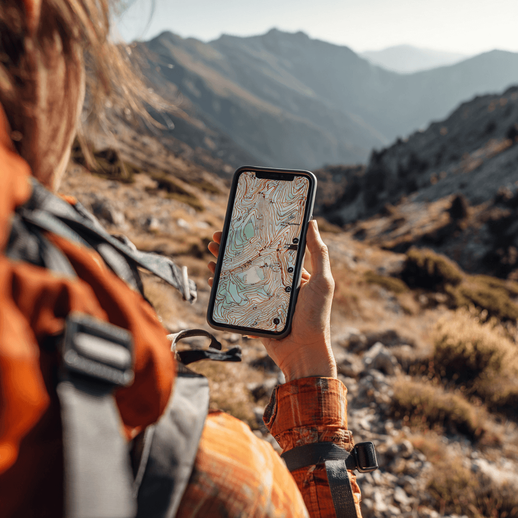 Smartphone mit Offline-Karte beim Wandern ohne Netz