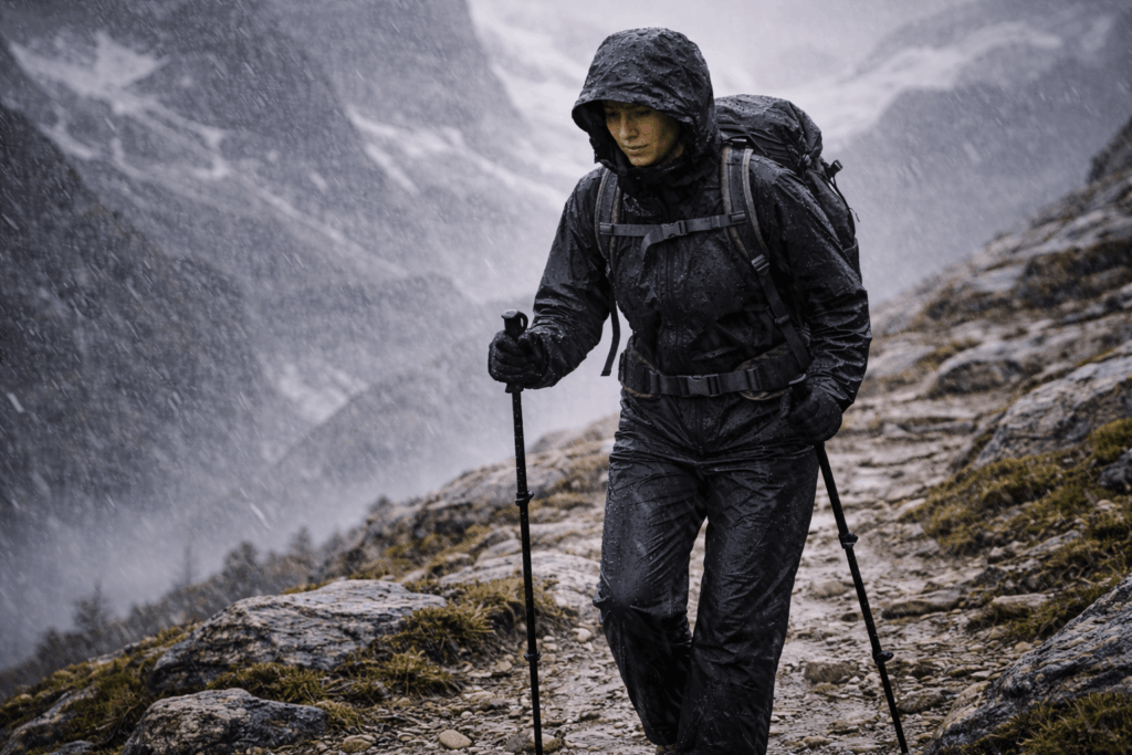 Wanderer mit Regenhose bei starkem Regen und Wind