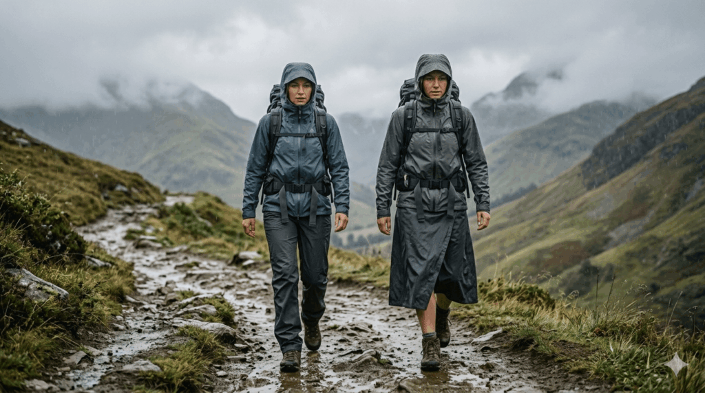 Regenhose vs Regenrock beim Wandern im Regen auf Bergpfad