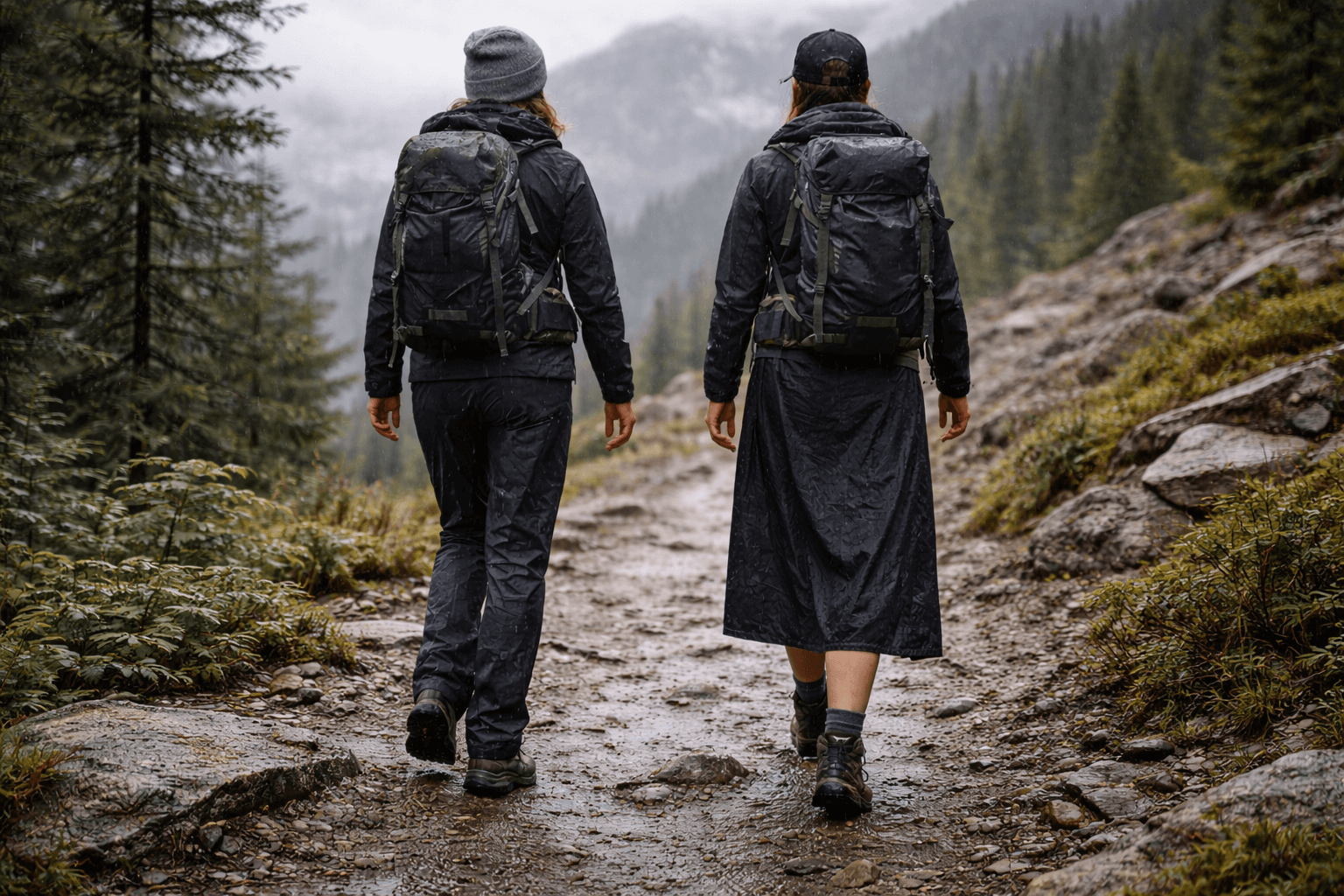 Regenhose vs Regenrock beim Wandern im Regen auf Bergpfad