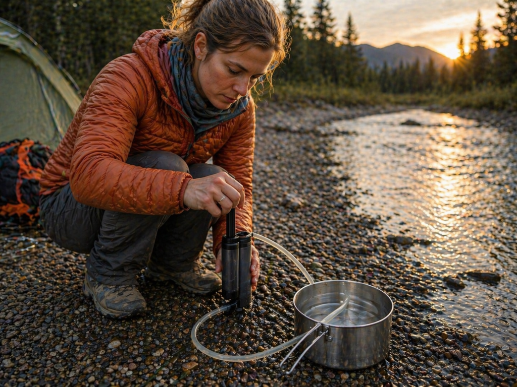 katadyn hiker pro: Wanderer sitzt am Bach und pumpt Wasser