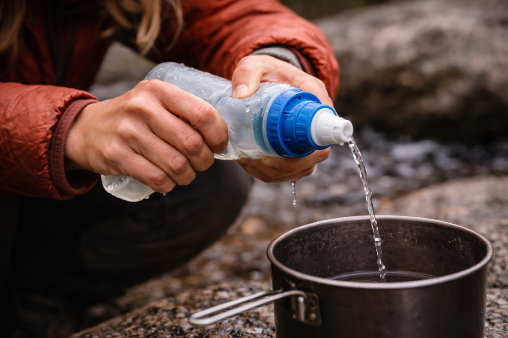 Hände drücken Wasser durch Ultraleicht-Filter