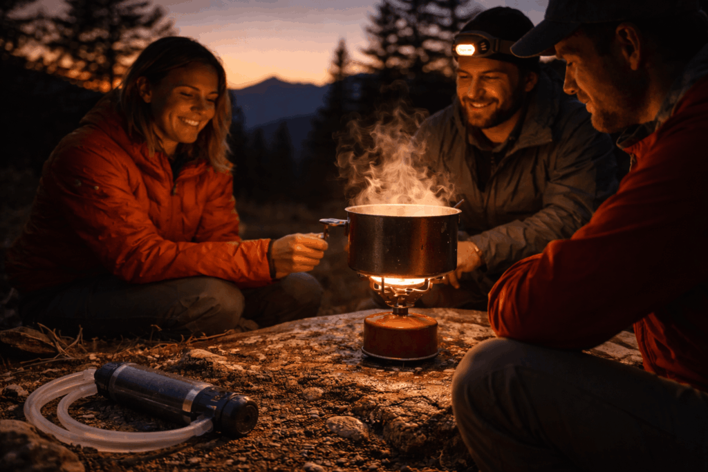 Gruppe kocht mit gefiltertem Wasser beim Trekking