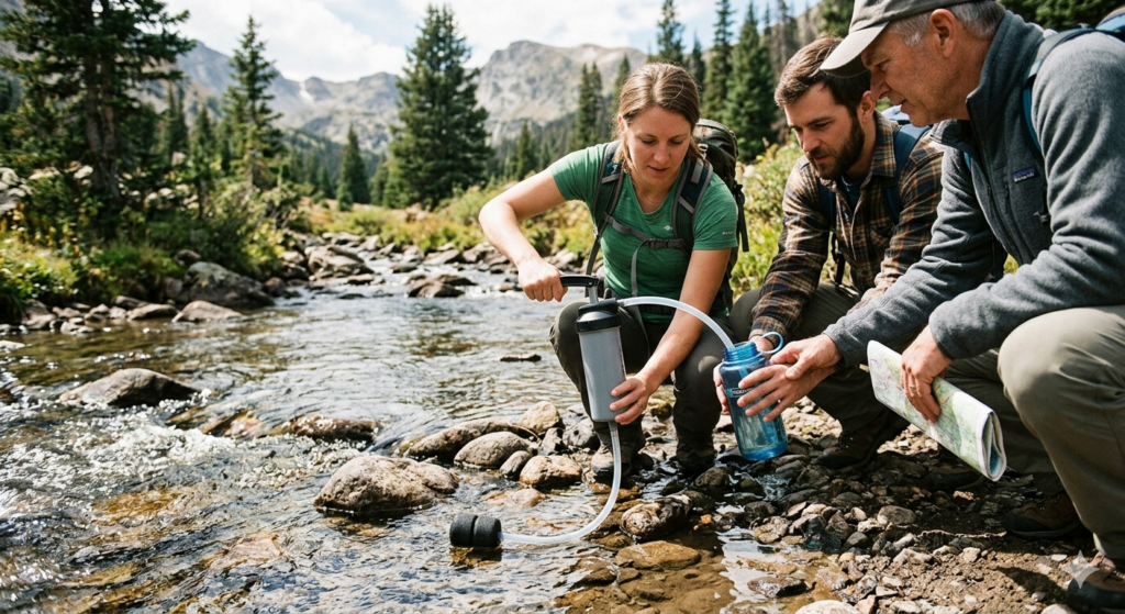 Gruppe organisiert gemeinsames Wasserfiltern