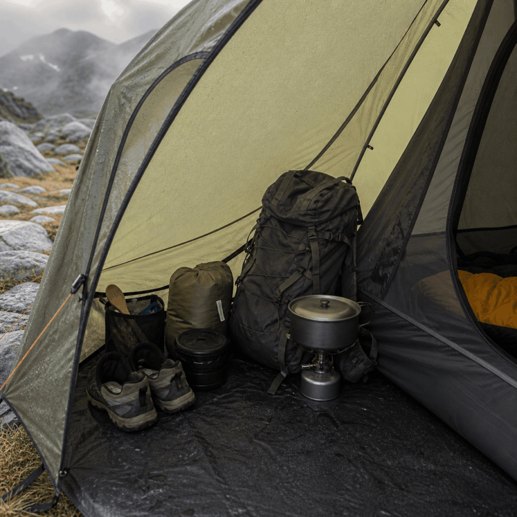 Apside eines Trekkingzelts mit Rucksack und Schuhen als geschützter Stauraum