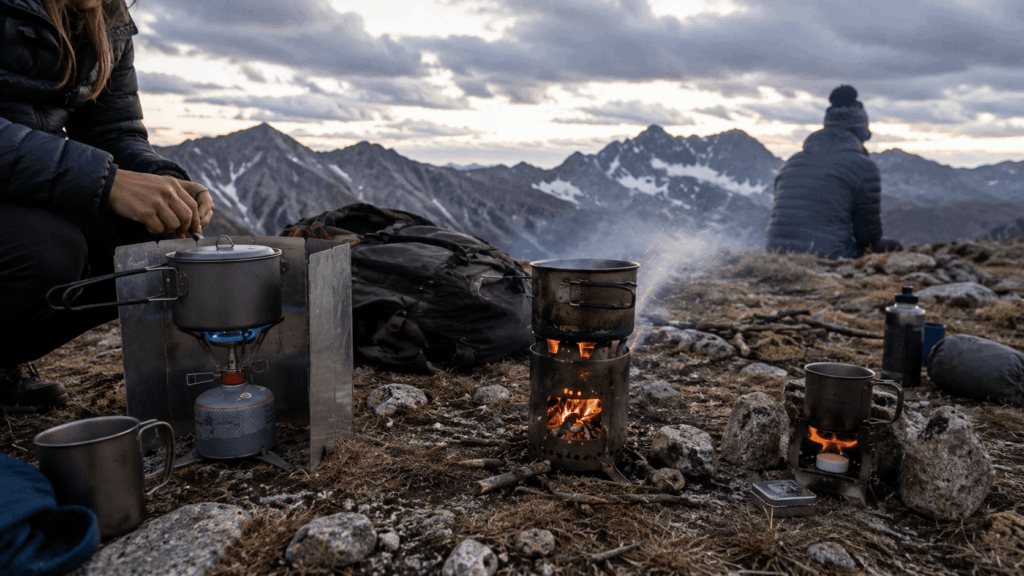 Campingkocher Vergleich bei Wind mit Gas-, Hobo- und Esbitkocher