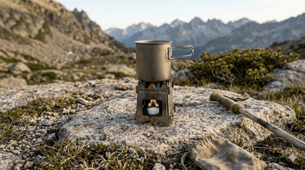 Ultraleichter Esbitkocher mit minimalistischem Trekking-Setup