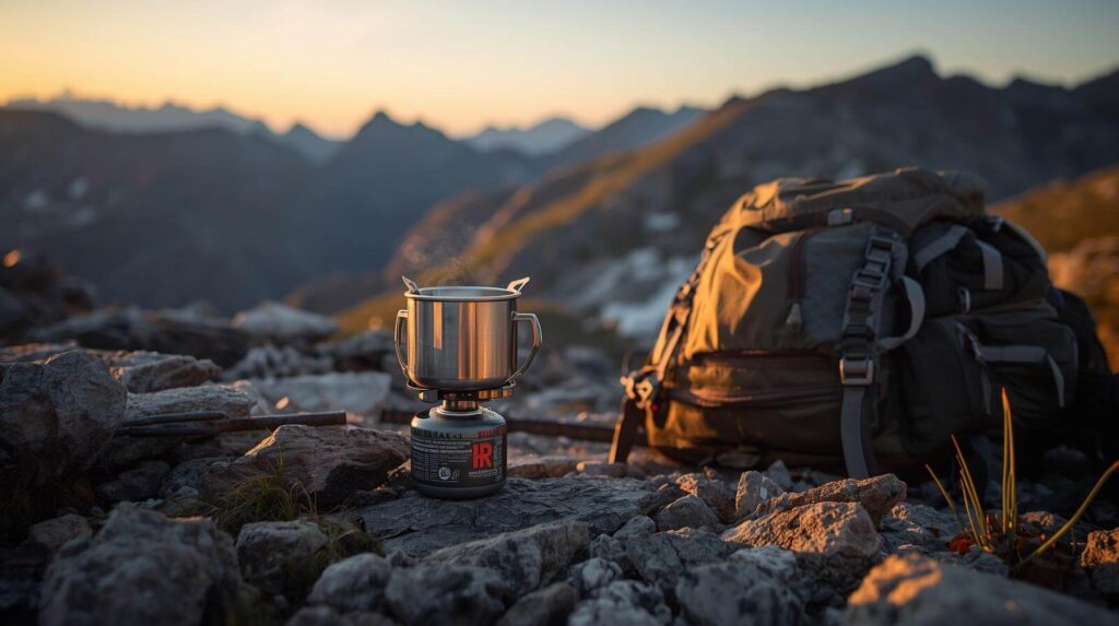 Leichter Gaskocher beim Trekking in der Wildnis