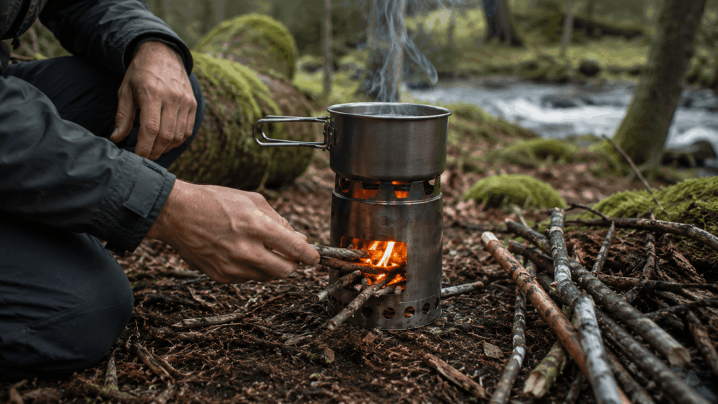 Hobo-Kocher mit Holzfeuer beim Bushcraft im Wald