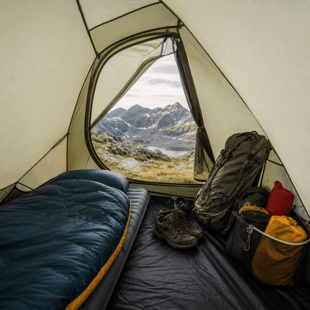 Innenraum eines leichten 2-Personen-Zelts mit Schlafsack und Ausrüstung für Solo-Trekking